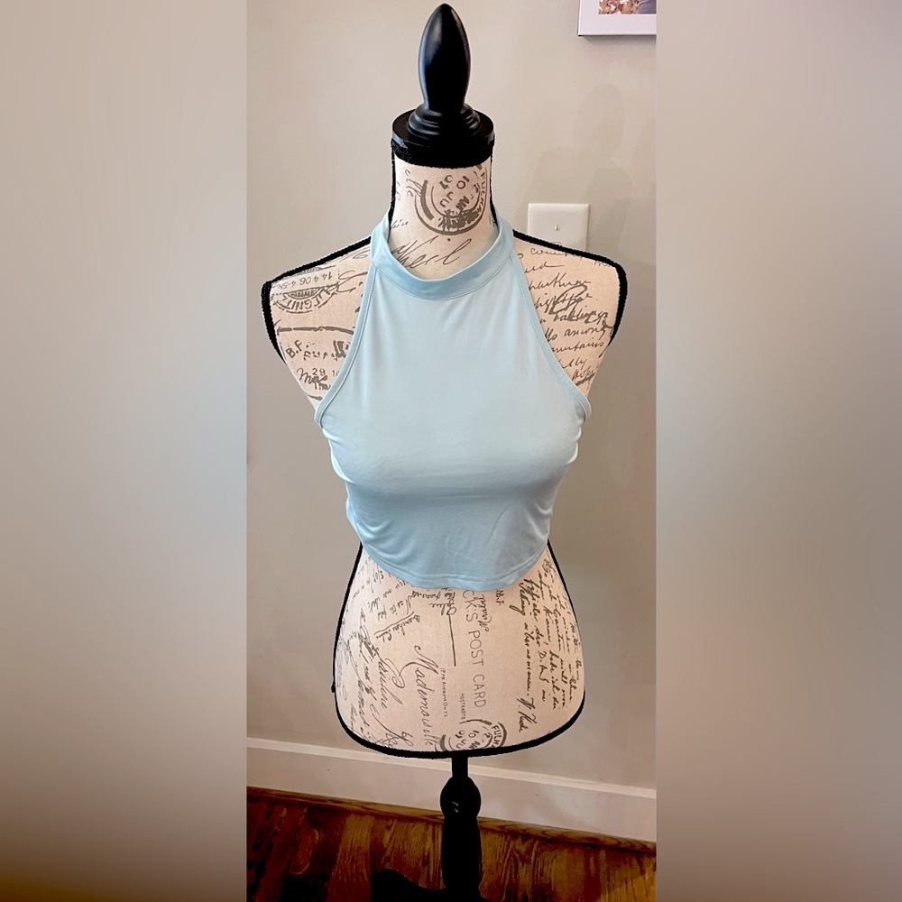 Sky Blue Silky Stretch Halter Women’s Backless Crop Top By “Chic Me” Size XL